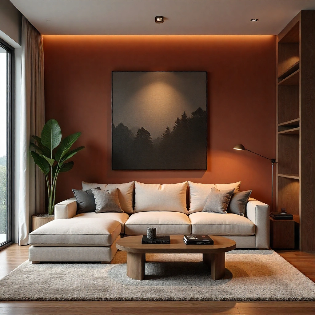 Living room interior with aesthetic sofa and ambient lighting
