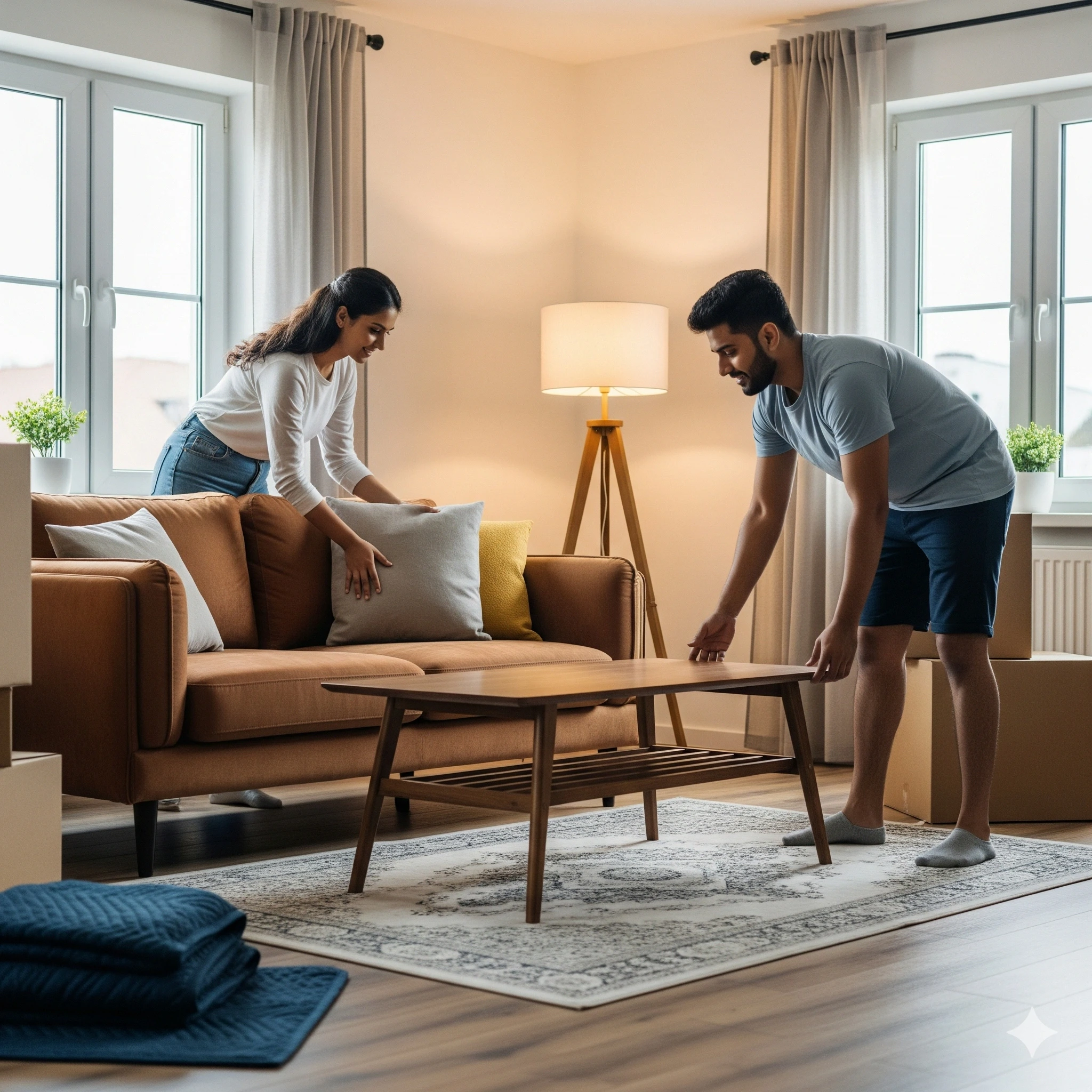 A young Indian couple is arranging new furniture in their home.